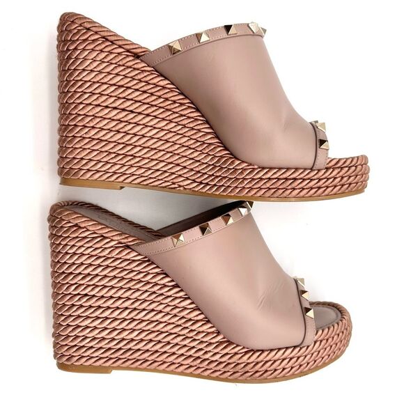 Valentino Garavani Torchon Rockstud Wedge Espadrille Sandals Nude Leather EU 41 - Picture 5 of 15